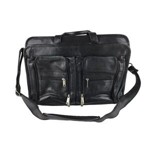 Dilana Unisex Black Leather Outer Pockets Detachable Strap Top Handle Laptop Bag